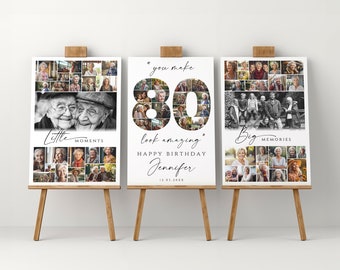 80. Geburtstag Foto-Collage-Poster-Vorlagen-Set, anpassbare Willkommenstafel zum 80-jährigen Jubiläum, druckbare Geburtstagscollage für Sie und Ihn