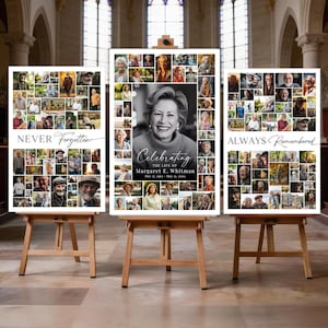 May include: Three memorial photo displays on wooden easels. The center display features a portrait surrounded by smaller photos, with text that reads "Celebrating the Life of Margaret E. Whitman." The other displays read "Never Forgotten" and "Always Remembered."