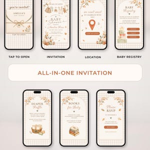 May include: A digital all-in-one baby shower invitation suite displayed on seven smartphone screens. The designs feature a beige gingham background, autumn foliage, pumpkins, and baby-themed illustrations with text for invitations, registry, diaper raffle, books, and RSVP.