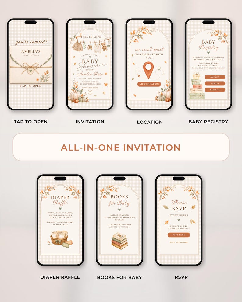 May include: A digital all-in-one baby shower invitation suite displayed on seven smartphone screens. The designs feature a beige gingham background, autumn foliage, pumpkins, and baby-themed illustrations with text for invitations, registry, diaper raffle, books, and RSVP.