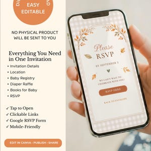 May include: A smartphone displaying a digital invitation with a white gingham background, autumn leaf illustrations, and the text Please RSVP by September 3. The screen includes a button labeled RSVP HERE and a link for BACK TO ENVELOPE.