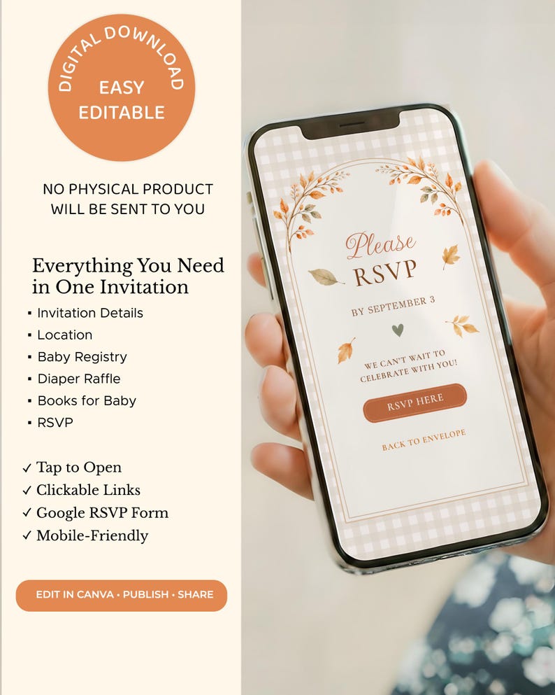 May include: A smartphone displaying a digital invitation with a white gingham background, autumn leaf illustrations, and the text Please RSVP by September 3. The screen includes a button labeled RSVP HERE and a link for BACK TO ENVELOPE.