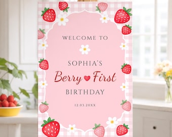 Berry First Birthday Welcome Sign Template, Strawberry 1st Birthday Welcome Poster, Birthday Welcome Board, Baby Girl Party Sign, Canva, SBT