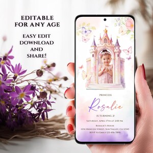 Animated princess castle birthday invitation video template featuring a fairytale castle design, editable in Canva, with space for a child’s photo and birthday details. Digital download animated video invite suitable for any age.