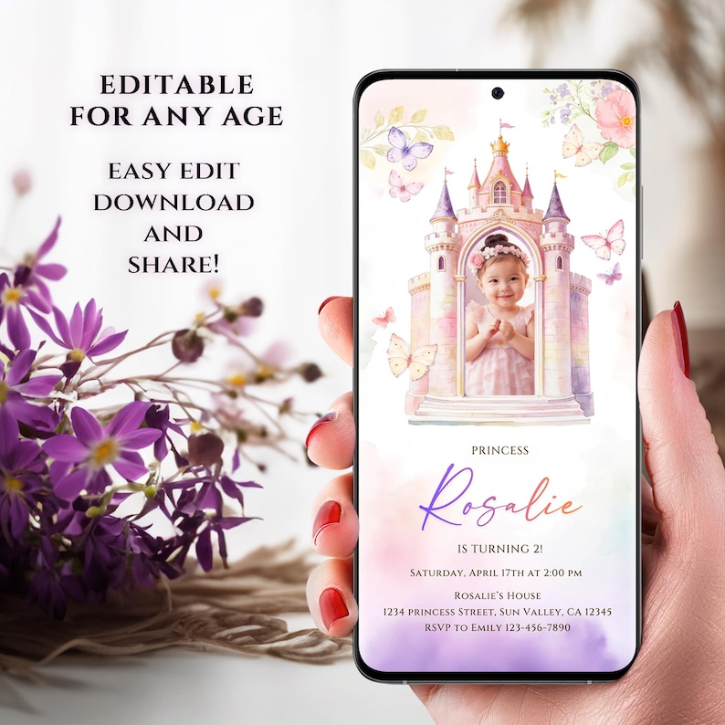 Animated princess castle birthday invitation video template featuring a fairytale castle design, editable in Canva, with space for a child’s photo and birthday details. Digital download animated video invite suitable for any age.