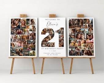 21 Geburtstag Foto Collage Vorlagen Set, bearbeitbare und druckbare Willkommenstafel, personalisiertes Poster Geschenk für Freund, Schwester oder Freundin