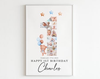 Happy 1st Birthday Photo Collage Template, First Birthday Number Photo Collage, 1st Birthday Poster, Canva, Number One Collage for Baby Boy