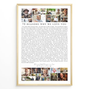 May include: A collage of photos of an older man with a list of 70 reasons why people love him. The text includes phrases like "unconditional support", "always positive", "always there for us", "best hugs", "best pancakes", "best memories", "best grandpa".