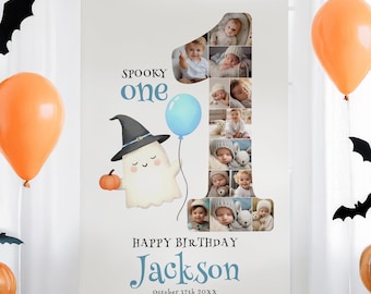 Spooky One 1st Birthday Collage Template, First Birthday Sign Poster, Halloween 1st Birthday for Boy, Ghost Pumpkin Canva Template, #SP01