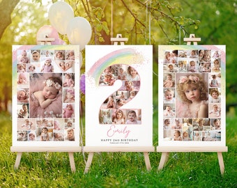 Plantilla de letrero de bienvenida de arcoíris para segundo cumpleaños, decoración de fiesta imprimible, póster de collage de fotos, letrero de hito para el segundo cumpleaños de niña
