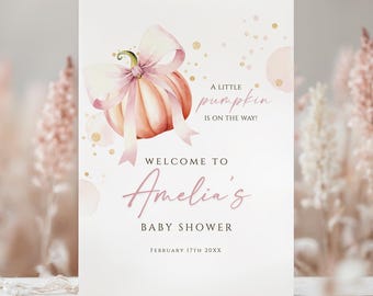 Pumpkin Baby Shower Welcome Sign | Fall Baby Shower Party Sign | Printable Fall Party Sign | Peach Pumpkin Editable Canva Template #FA01