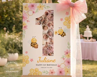 Bee First Birthday Photo Collage, Number One Poster, Bee 1st Birthday Sign, Editable Canva Baby Photo Board