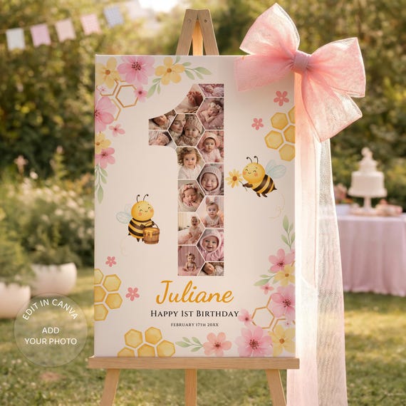 Bee First Birthday Photo Collage, Number One Poster, Bee 1st Birthday Sign, Editable Canva Baby Photo Board