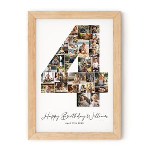 Plantilla de collage de fotos para el cuarto cumpleaños, cartel con foto de hito para el cuarto cumpleaños, número 4, plantilla de póster con foto para el cuarto cumpleaños editable, Canva