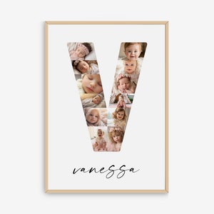 Plantilla de collage de fotos de letra V, impresión personalizada de nombre inicial para niñas y niños, impresión de guardería, nombre imprimible, decoración de guardería
