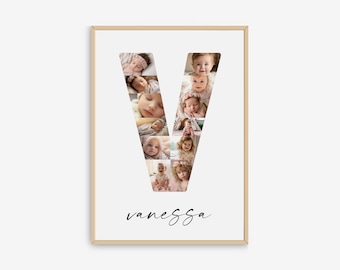 Letter V Photo Collage Template,  Personalized Initial Name Print for Girls and Boys, Nursery Print, Name Printable, Nursery Decor