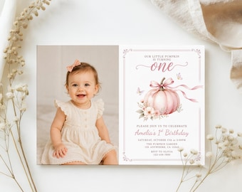 Little Pumpkin 1st Birthday Photo Invitation, Pink Pumpkin Fall Birthday Invite, Editable Canva Template, Digital Download, #PB02