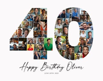 40th Birthday Photo Collage Template, Personalized 40th Birthday Gift for Her, for Him, Number 40 Collage, Family Gift, Birthday Gift, Canva