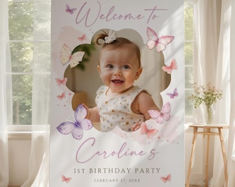 Butterfly 1st Birthday Welcome Sign, Photo Poster, Baby Girl, Any Age Editable Canva