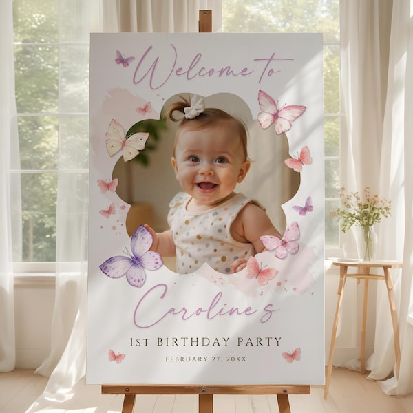 Butterfly 1st Birthday Welcome Sign, Photo Poster, Baby Girl, Any Age Editable Canva