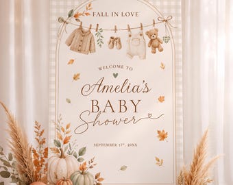 Fall in Love Baby Shower Welcome Sign for Boy, Little Pumpkin Baby Shower Decor, Editable Canva Template, Digital Download, #BS23