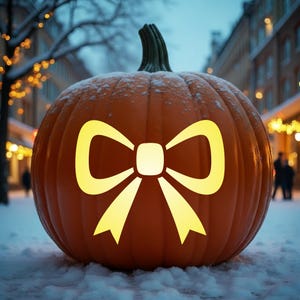 May include: A large orange pumpkin with a carved, glowing yellow bow design on its front. The pumpkin has a green stem and is lightly dusted with white snow, featuring deep vertical ridges across its round surface, creating a festive appearance.