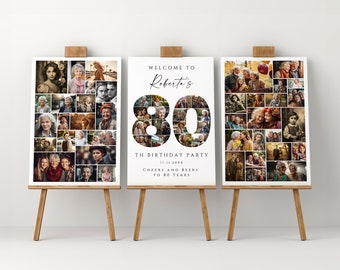 80th Birthday Photo Collage Template Set, Personalized Birthday Poster Gift, Birthday Welcome Board for Grandma, Grandpa, Dad or Mom