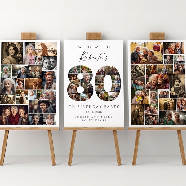 Ensemble de modèles de collage photo 80e anniversaire, cadeau poster d'anniversaire personnalisé, tableau de bienvenue d'anniversaire pour grand-mère, grand-père, papa ou maman