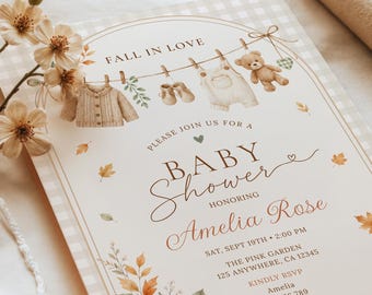Fall in Love Baby Shower Invitation for Boy, Autumn Pumpkin Party Invite, Editable Canva Template, Digital Download, #BS23