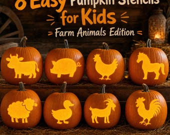 Easy Farm Animals Pumpkin Carving Stencils for Kids, Printable 8 Halloween Designs, Jack O Lantern Pattern (Digital Download), #JOL