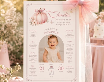 Fall Pumpkin 1st Birthday Photo Milestone Sign, One Year Stats Board, Baby First Year Poster, Canva Template Digital Download, #PB02