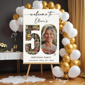 May include: A welcome sign for Olivia's 50th birthday party. The sign is on an easel and features a photo collage in the shape of the number 50. The sign is surrounded by gold and white balloons. The text reads "Welcome to Olivia's Birthday Party Saturday, April 20th 2025."