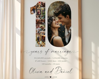 May include: A framed print celebrating a 10-year wedding anniversary. The design features a large number 10 with a collage of photos, a romantic couple's photo, and the names "Olivia and Daniel". The print includes time measurements.