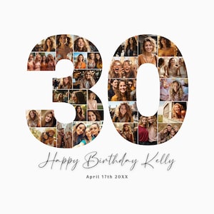 Collage de fotos para el 30 cumpleaños, regalo para el 30 cumpleaños, imprimible con el número 30, plantilla de collage de fotos para el 30 cumpleaños, editable para el 30 cumpleaños, Canva