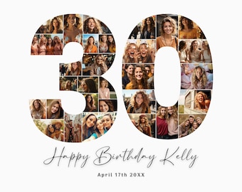 30th Birthday Photo Collage, 30th Birthday Gift, Birthday Number 30 Printable, 30th Photo Collage Template, Editable 30th Birthday, Canva