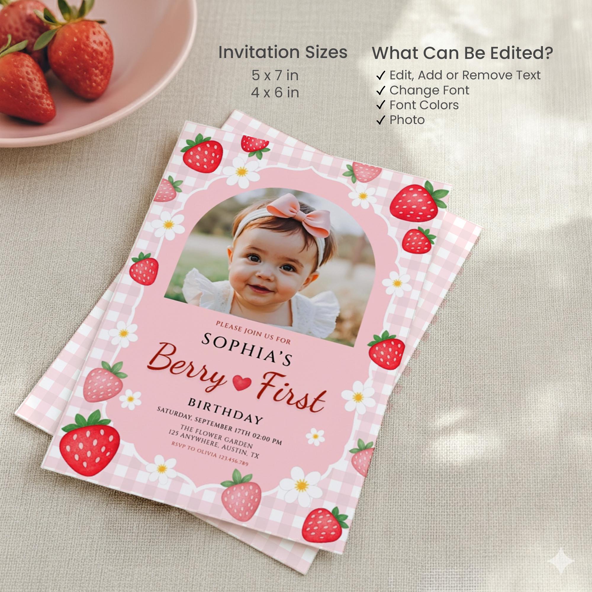 Berry First Birthday Invitation Template, Strawberry 1st Birthday Photo ...