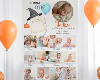 Spooky One 1st Birthday Photo Collage: Halloween Milestone Poster (Canva Template Digital Download), #SP01