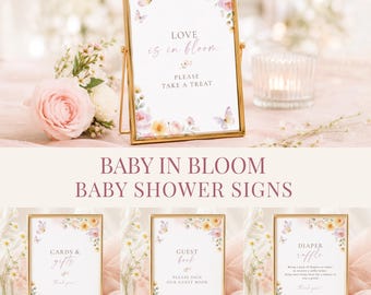 Baby in Bloom Baby Shower Party Signs Bundle, Floral Butterfly Table Sign Set, Editable Canva Templates, Digital Download, #BS17