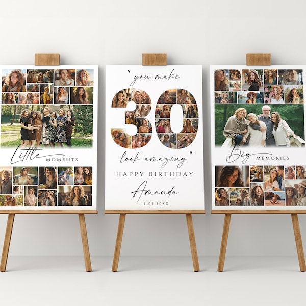 30th Birthday Photo Collage Poster Template Set, Customizable 30th Anniversary Welcome Board, Printable  Birthday Collage for Him,Her