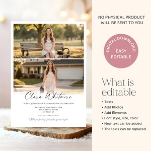 May include: A graduation announcement featuring two photos of a young woman in a dress. The announcement includes the name "Clara Whitmore", event details, and the text "NO PHYSICAL PRODUCT WILL BE SENT TO YOU". The design is easily editable.