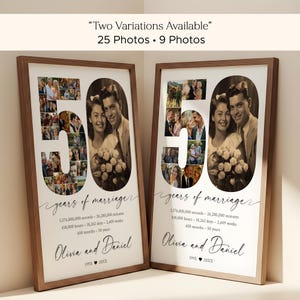 May include: Two framed prints celebrating a 50th wedding anniversary. Each features a large "50" filled with photos, a central portrait, and the names "Olivia and Daniel." The text includes years of marriage and time calculations.