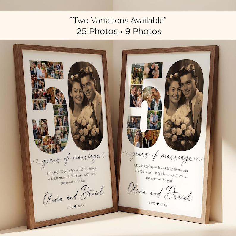May include: Two framed prints celebrating a 50th wedding anniversary. Each features a large "50" filled with photos, a central portrait, and the names "Olivia and Daniel." The text includes years of marriage and time calculations.