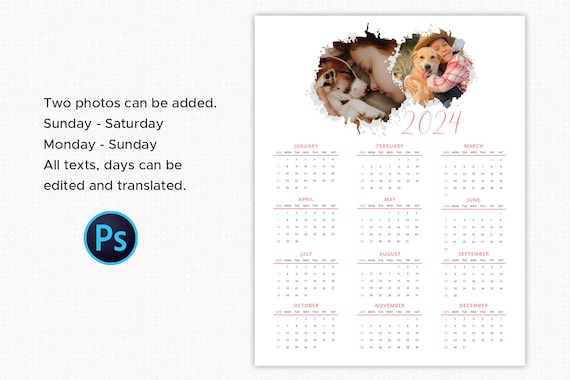 Calendario da parete di una pagina 2024. Modello Photoshop