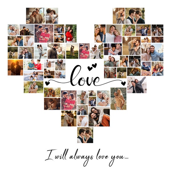 Plantilla de collage de fotos de corazón de amor, collage de corazón de cumpleaños, collage de imágenes de corazón para pareja y familia, regalo personalizado, collage de San Valentín