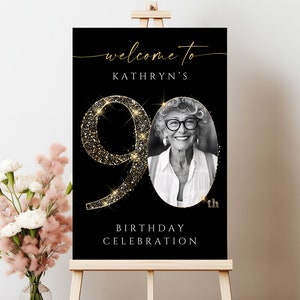 Black and Gold 90th Birthday Welcome Sign Template , Customizable and Printable Party Decoration, Editable Celebration Board, GBB1 image 1