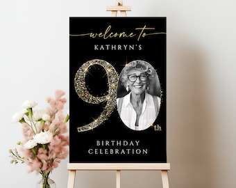 Black and Gold 90th Birthday Welcome Sign Template , Customizable and Printable Party Decoration, Editable Celebration Board, #GBB1