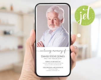 May include: A digital memorial card with a photo of a man in a light blue and white striped shirt. The text reads "in loving memory of David Steve Jones April 17, 1965 - February 10, 2023 Service to be held at Sunday, February 12, 2023 at 1:00 PM Local Church, Address, NY Followed by a reception at The Local Park Address, Newyork, NY"