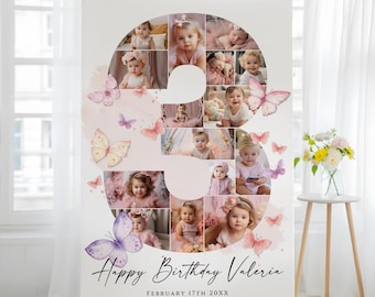 Butterfly 3rd Birthday Photo Collage Template, 3rd Birthday Poster, Editable Canva Template, 3rd Birthday Butterfly Decor for Baby Girl
