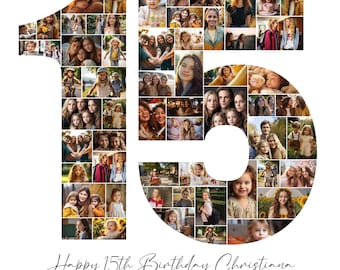 15歳の誕生日フォトコラージュ、15歳の誕生日プレゼント、誕生日の数字15を印刷可能、スイート15フォトコラージュテンプレート、編集可能な誕生日ポスター