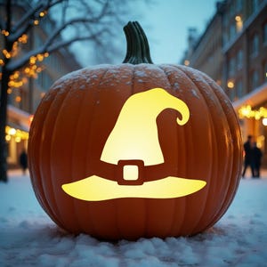 May include: A large orange pumpkin with a light dusting of snow on its top. The pumpkin features a carved, glowing silhouette of a pointed hat with a buckle band in the centre, emitting a bright yellow light from within the hollowed interior.